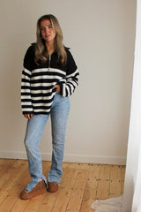 Oversized Striped Zip Knitted Jumper in Navy