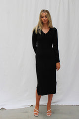 Black Long Sleeve Knit Jumper Dress with Split