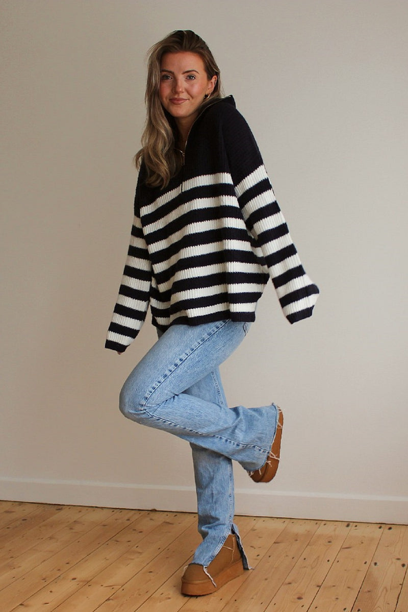 Oversized Striped Zip Knitted Jumper in Navy