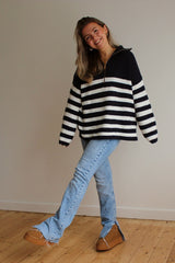 Oversized Striped Zip Knitted Jumper in Navy