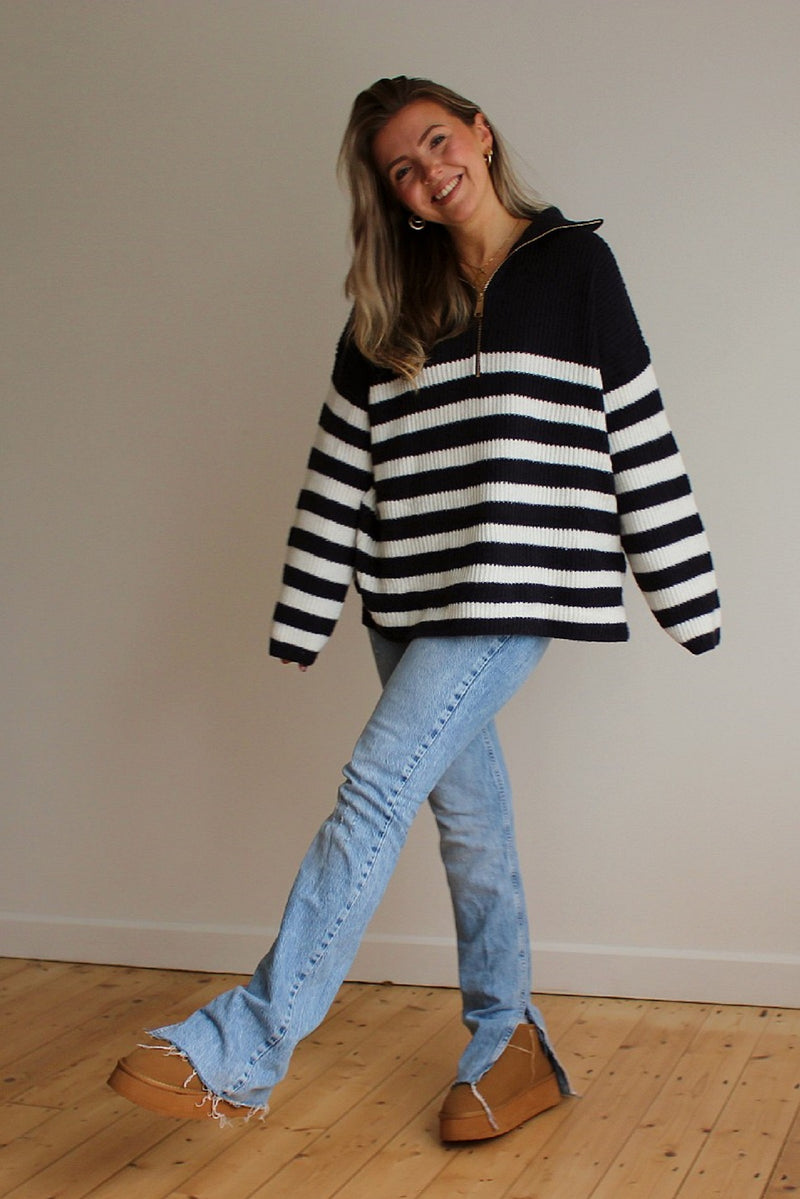 Oversized Striped Zip Knitted Jumper in Navy