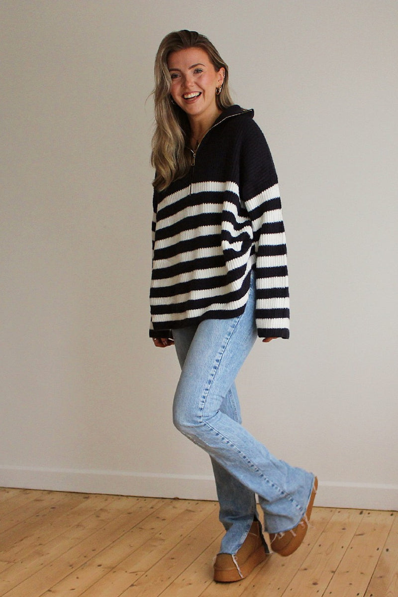 Oversized Striped Zip Knitted Jumper in Navy