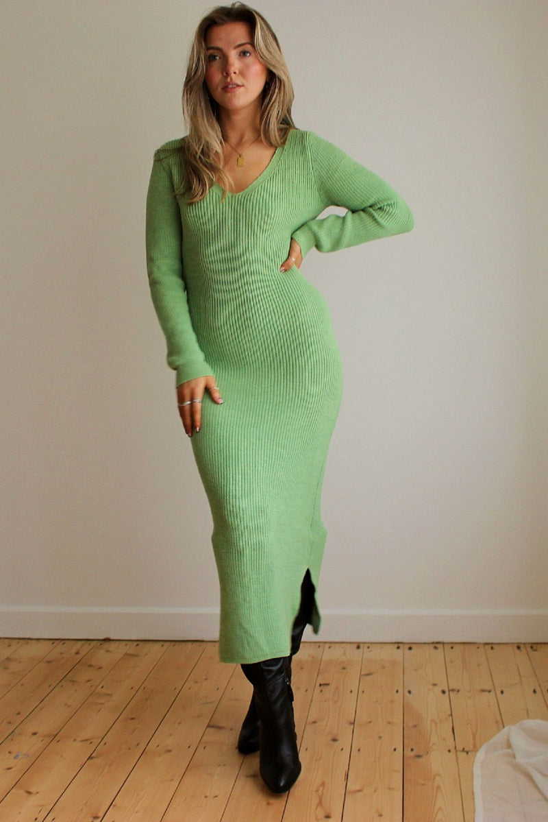 Green Long Sleeve Knit Jumper Dress with Split