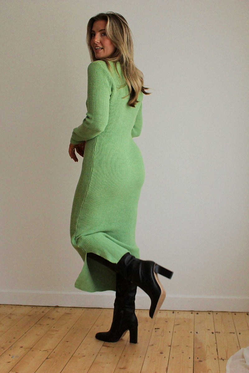 Green Long Sleeve Knit Jumper Dress with Split