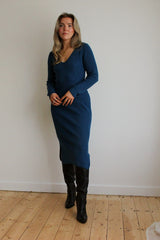 Blue Long Sleeve Knit Jumper Dress with Split