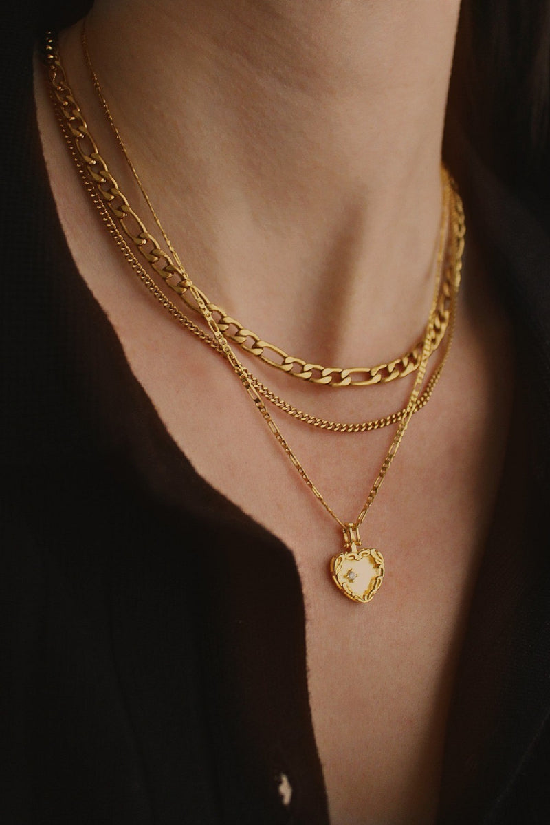 18k Gold Plated Figaro Heart Layering Set