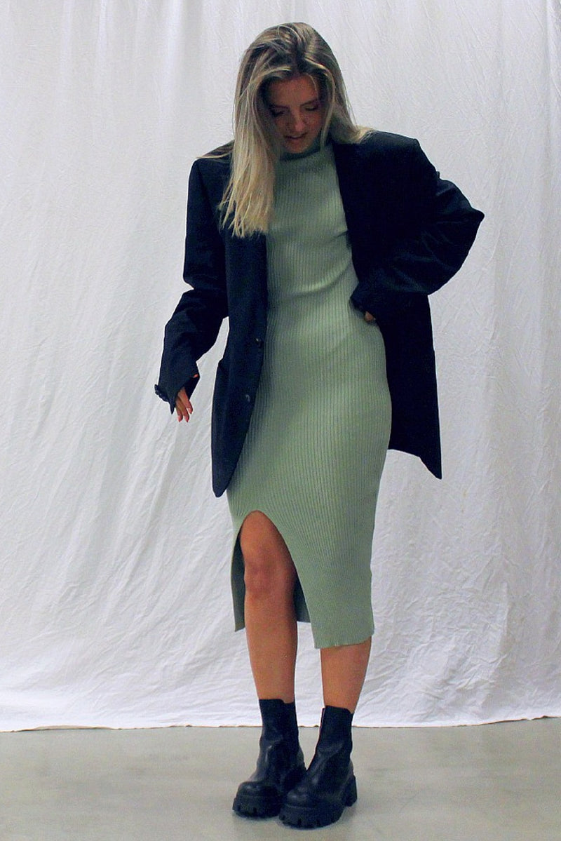Sage Green Ribbed Knit Dress with Split