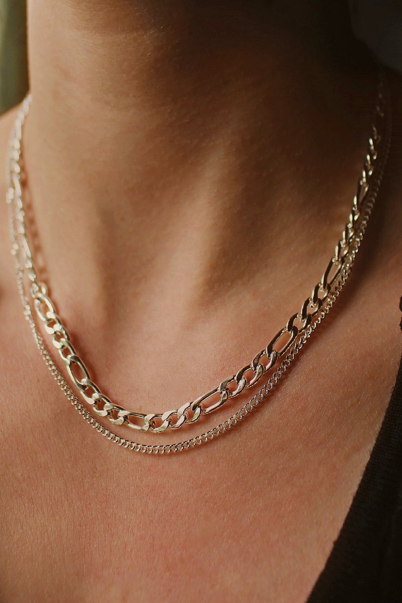 Sterling Silver Plated Figaro Chain Layered Necklace