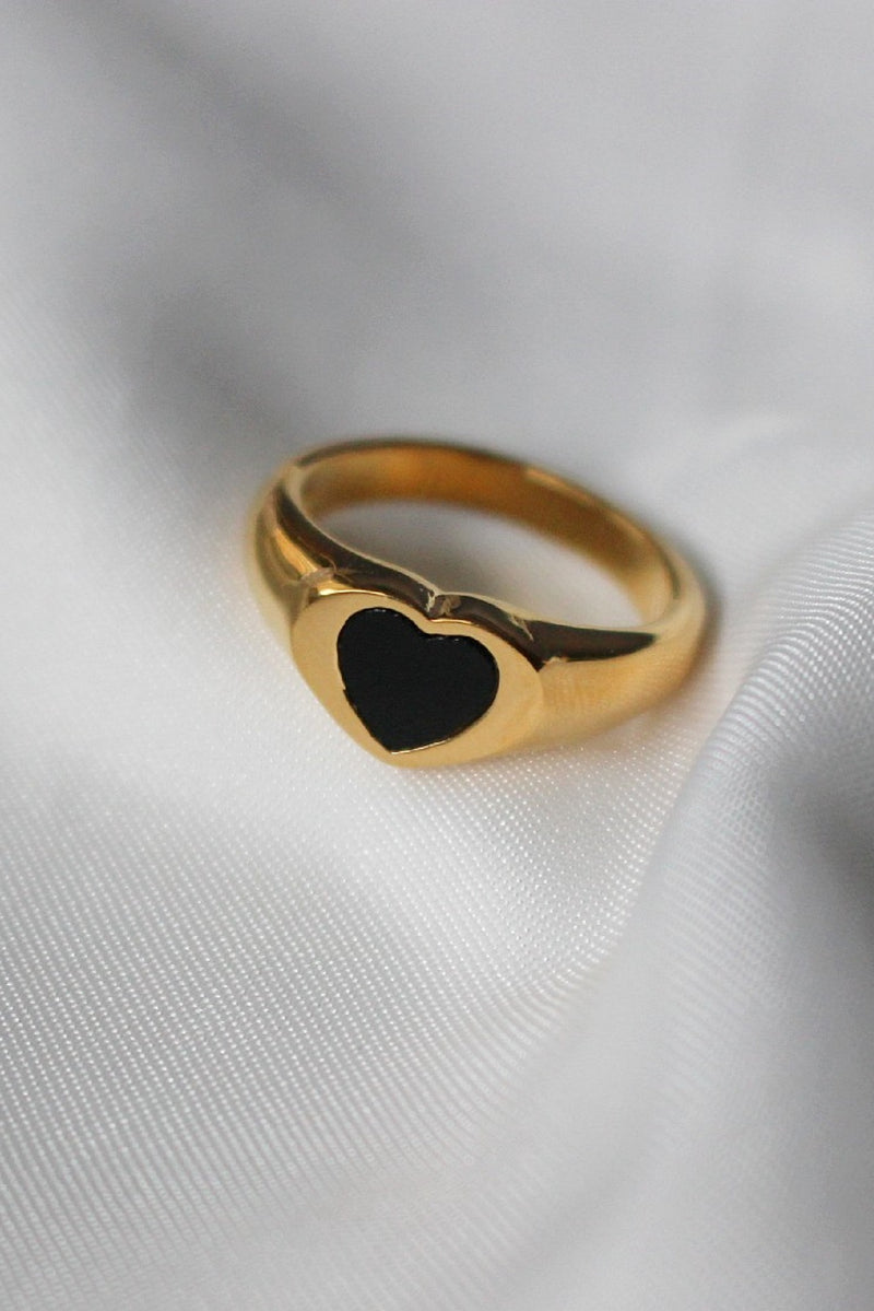 18k Gold Plated Black Heart Signet Ring