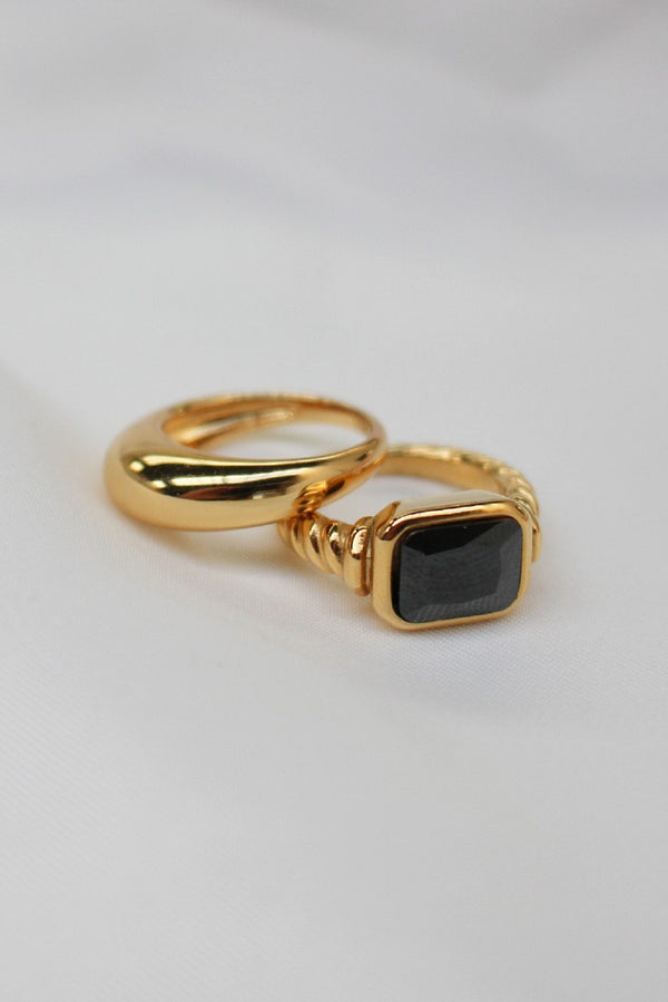 18k Gold Plated Black Ribbed and Skinny Dome Ring Set