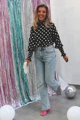 Polka Dot High Neck Blouse with Shirred Sleeves