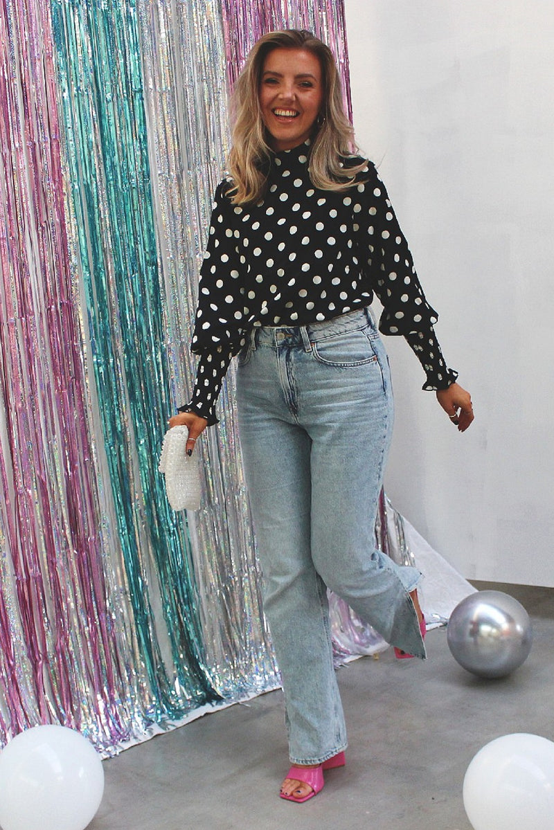 Polka Dot High Neck Blouse with Shirred Sleeves
