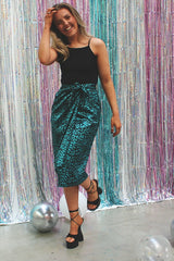 Green Leopard Print Satin Wrap Skirt