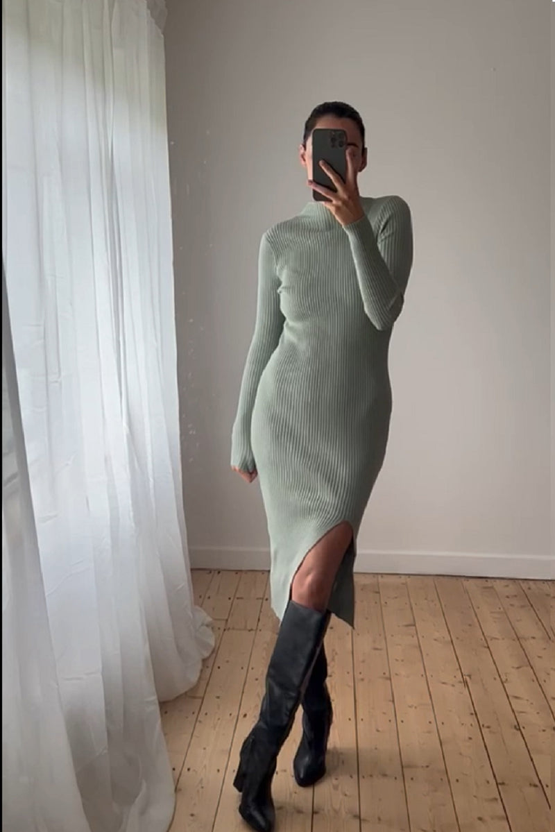 Sage Green Ribbed Knit Dress with Split