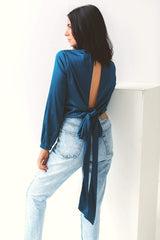 Backless Long Sleeve Top in Blue HAUS OF DECK 
