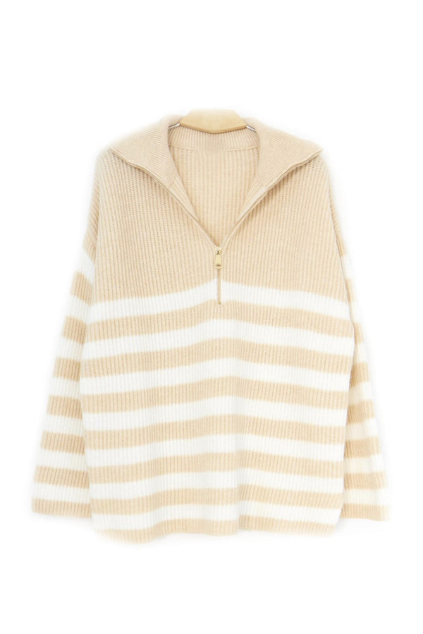Striped Zip Knitted Jumper in Beige