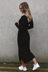 Black Long Sleeve Knit Dress with Split HAUS OF DECK 
