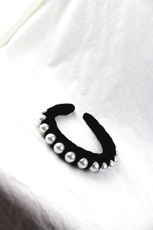 Black Velvet and Pearl Thick Hairband HAUS OF DECK 