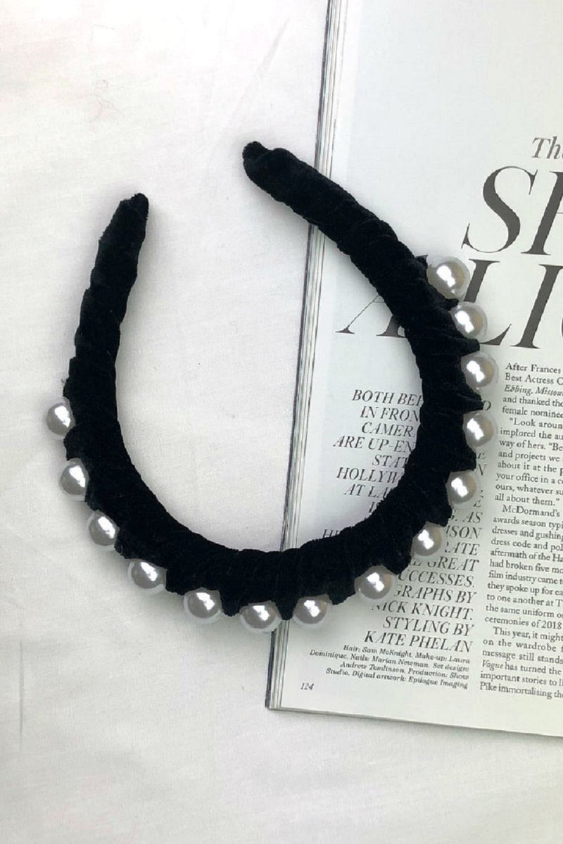 Black Velvet and Pearl Thick Hairband HAUS OF DECK 