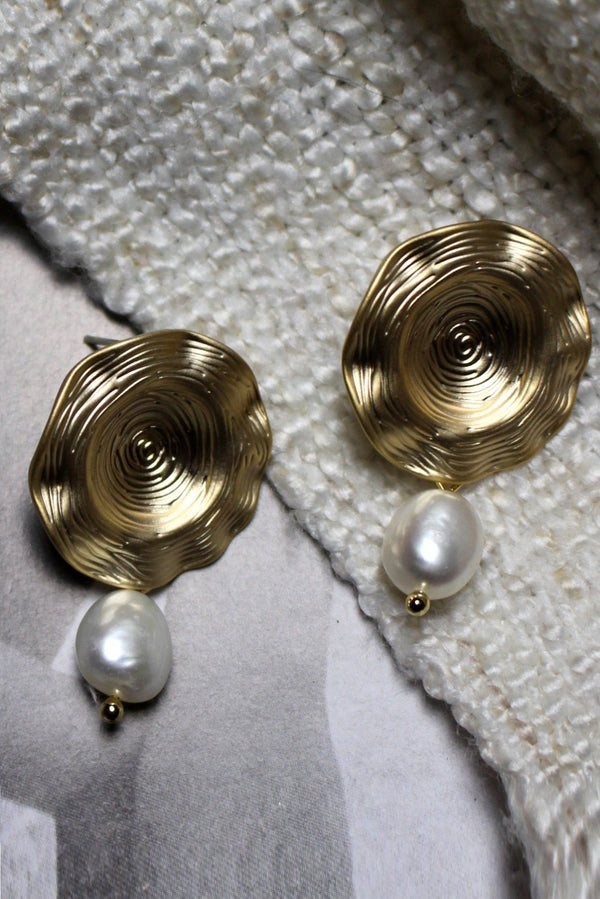 Gold Circle Stud Pearl Drop Earrings HAUS OF DECK 