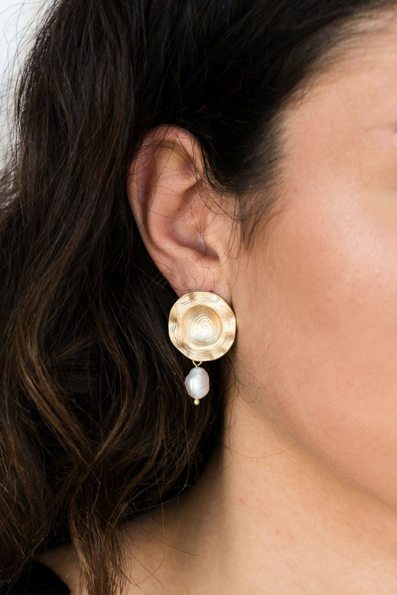 Gold Circle Stud Pearl Drop Earrings HAUS OF DECK 