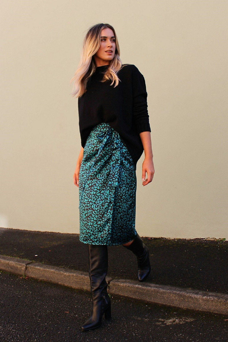 Green Leopard Print Satin Wrap Skirt HAUS OF DECK 