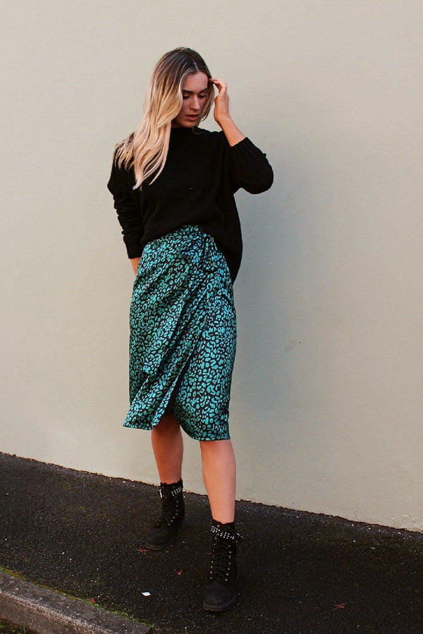 Green Leopard Print Satin Wrap Skirt HAUS OF DECK 