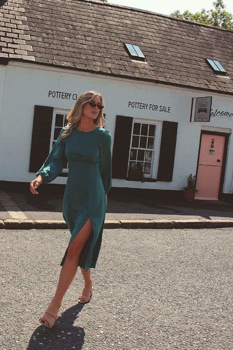 Backless Teal Green Midi Dress with Split - Long Sleeve Occasion Dress Backless Teal Green Midi Dress with Split - Long Sleeve Occasion Dress