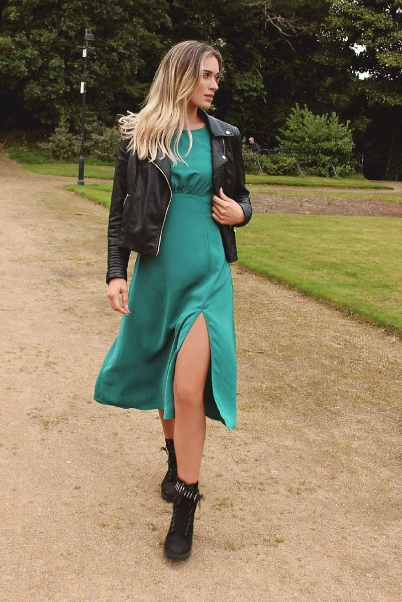 Long Sleeve Backless Teal Green Midi Dress with Split HAUS OF DECK 
