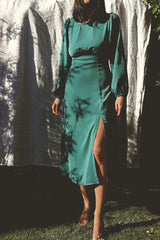 Long Sleeve Backless Teal Green Midi Dress with Split HAUS OF DECK 