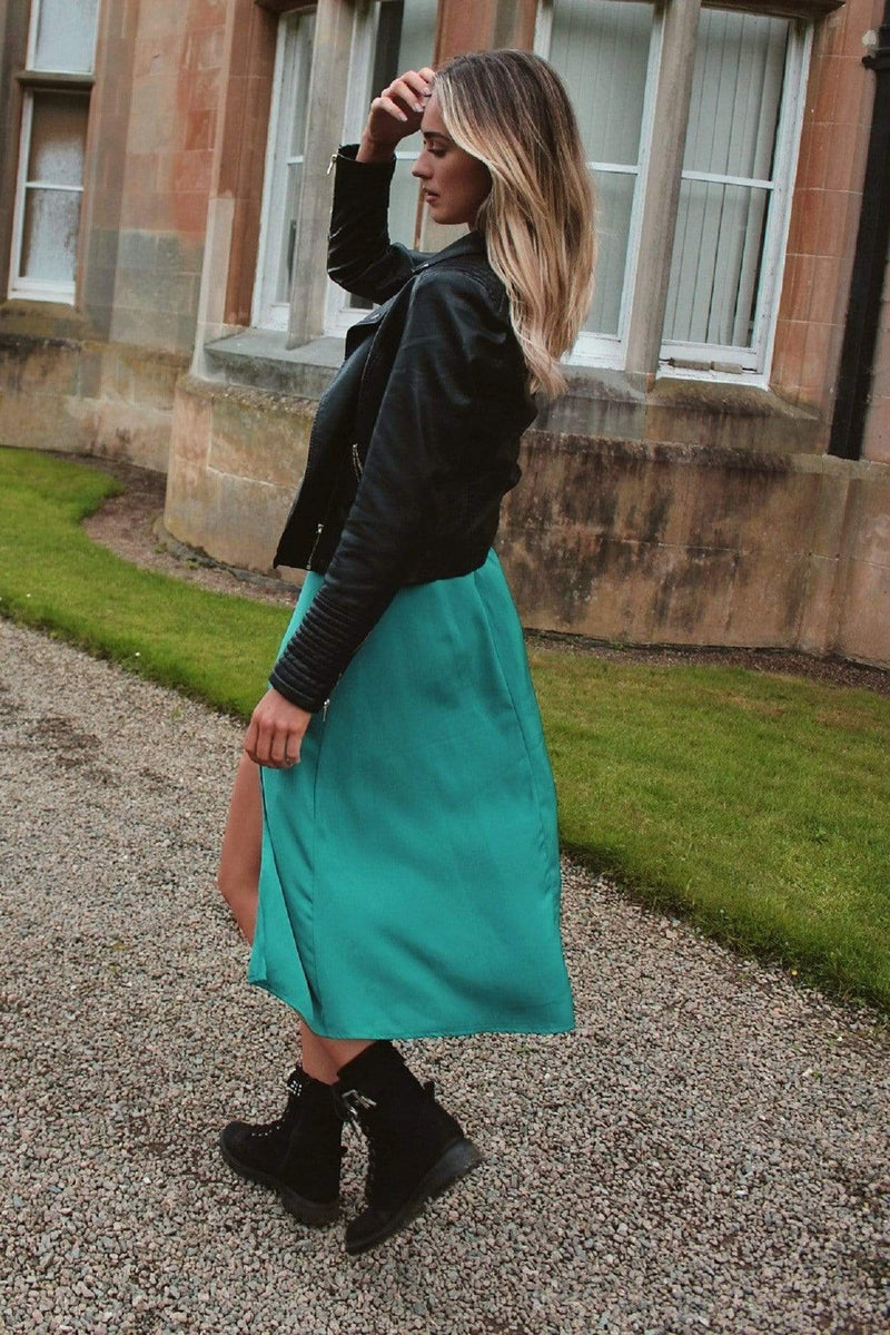 Long Sleeve Backless Teal Green Midi Dress with Split HAUS OF DECK 