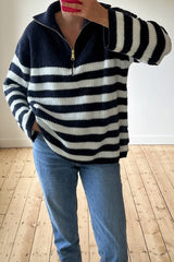 Oversized Striped Zip Knitted Jumper in Navy