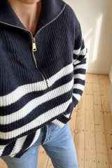 Oversized Striped Zip Knitted Jumper in Navy