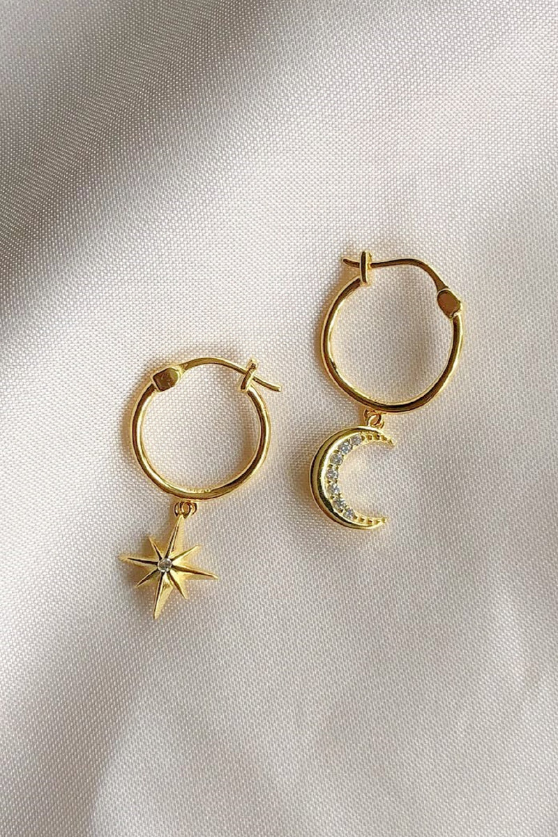 18k Gold Plated Moon & Star Hoop Drop Earrings
