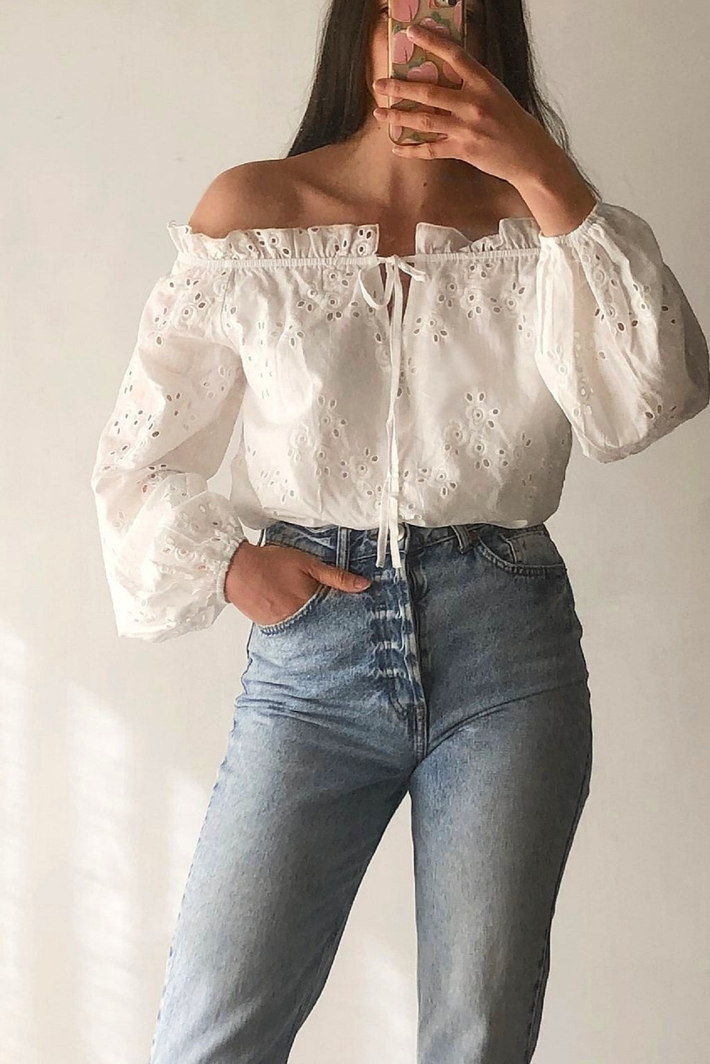 White broderie deals bardot top