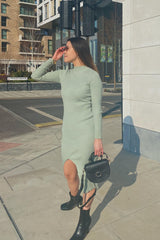 Sage Green Ribbed Knit Dress with Split